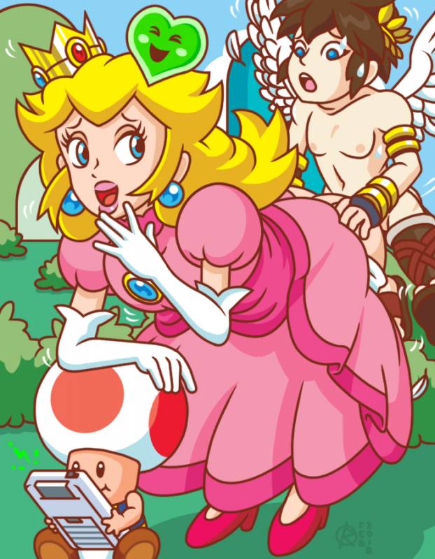 pit+princess peach+toad (mario)